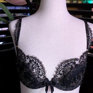 Agent Provocateur Soirée Black Lace w/Gold Thread Plunge Push-up Bra 34C